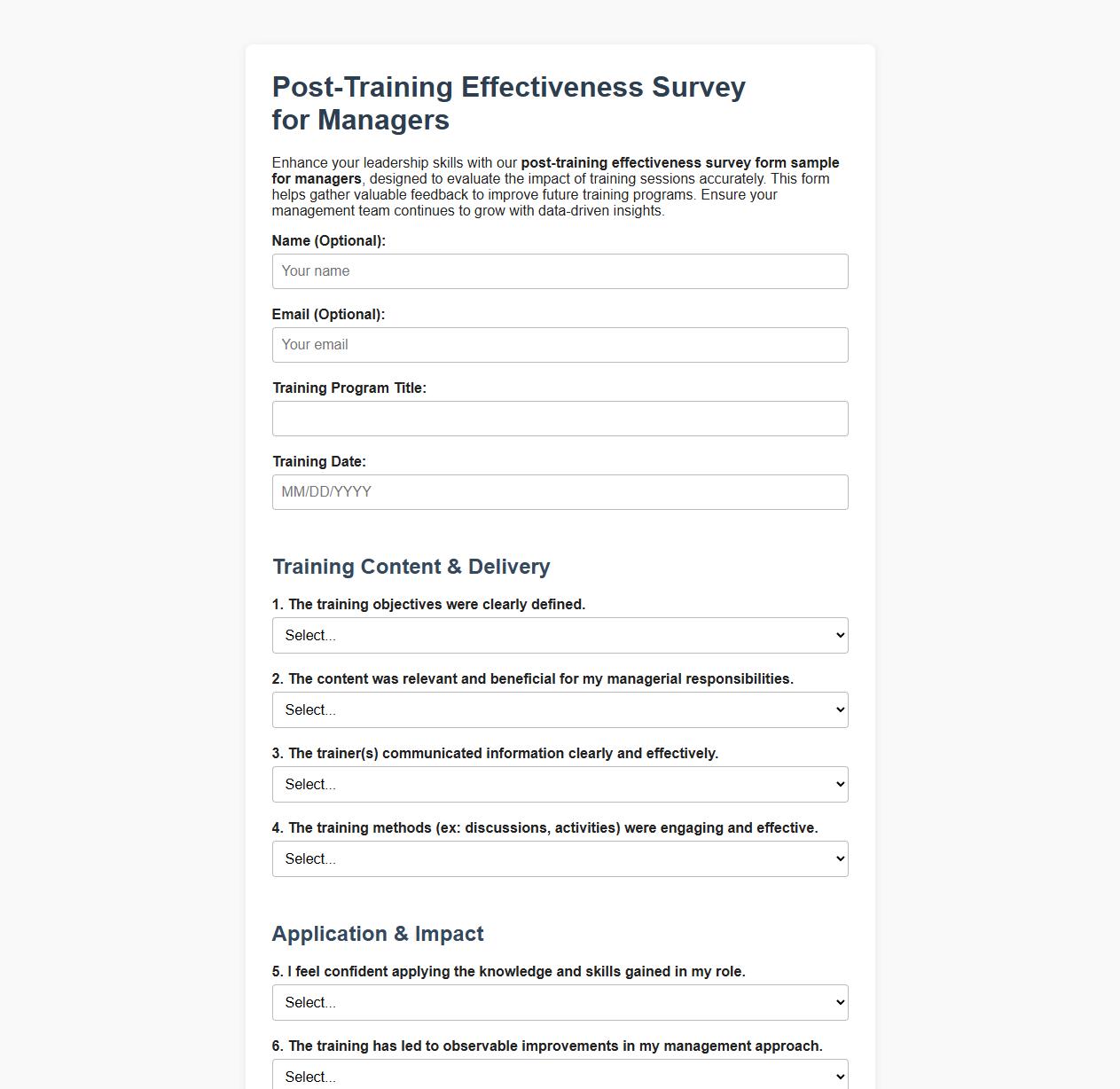 Post-training effectiveness survey form sample for managers image preview