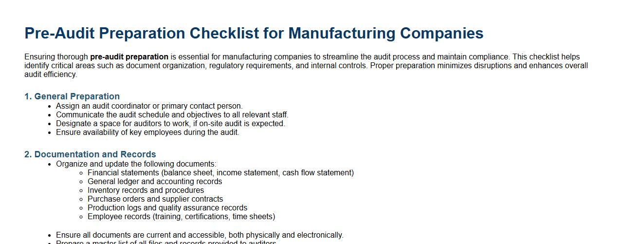 pre-audit preparation checklist for manufacturing companies image preview