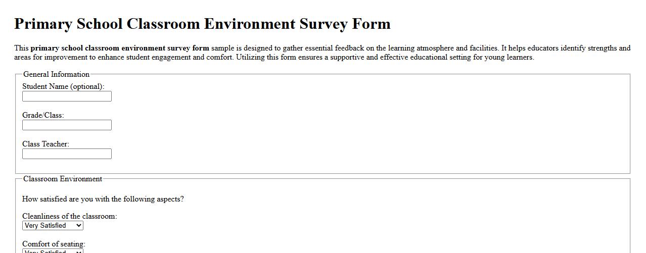 Primary school classroom environment survey form sample image preview