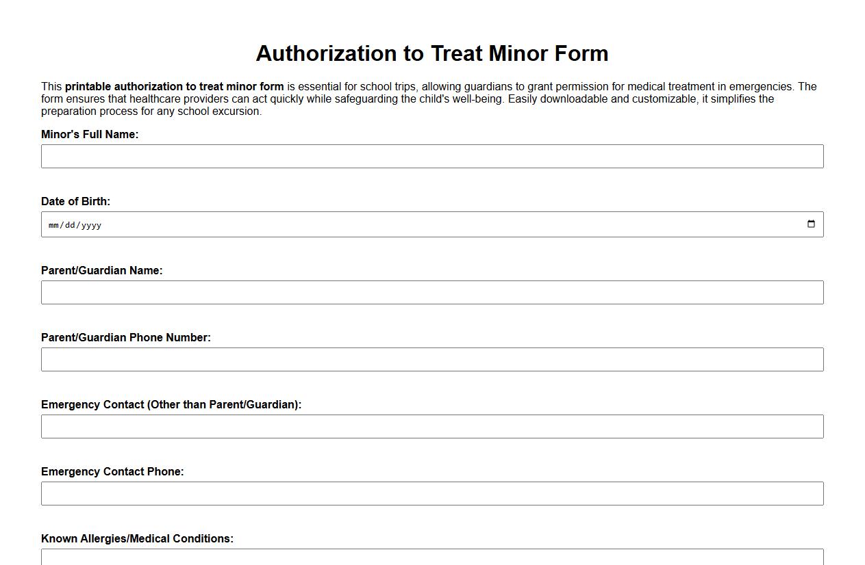 Printable authorization to treat minor form sample for school trips image preview