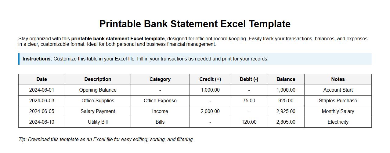 printable bank statement excel template for record keeping image preview