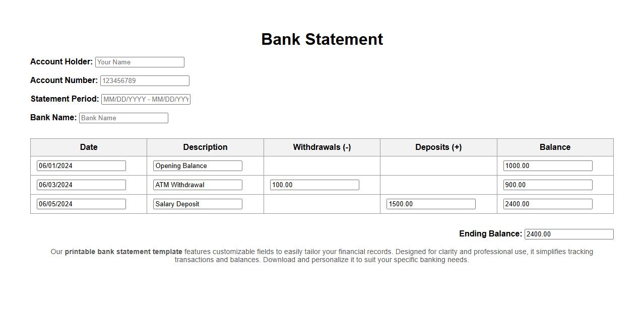 Printable bank statement template with customizable fields image preview
