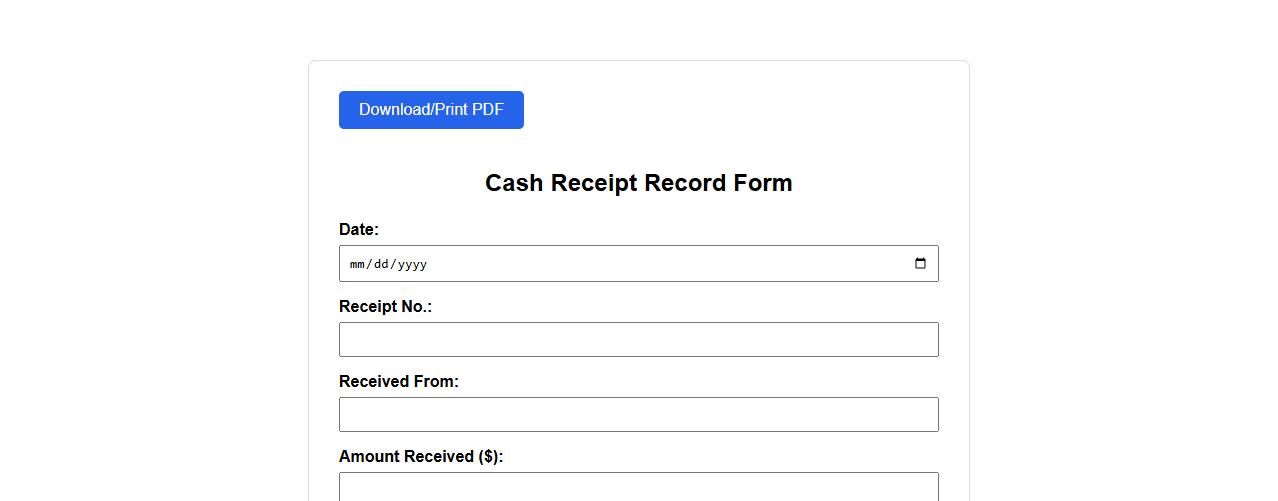 printable cash receipt record form sample pdf image preview