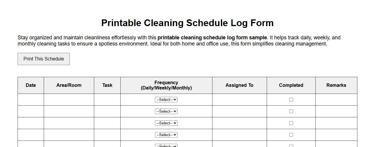 printable cleaning schedule log form sample image preview