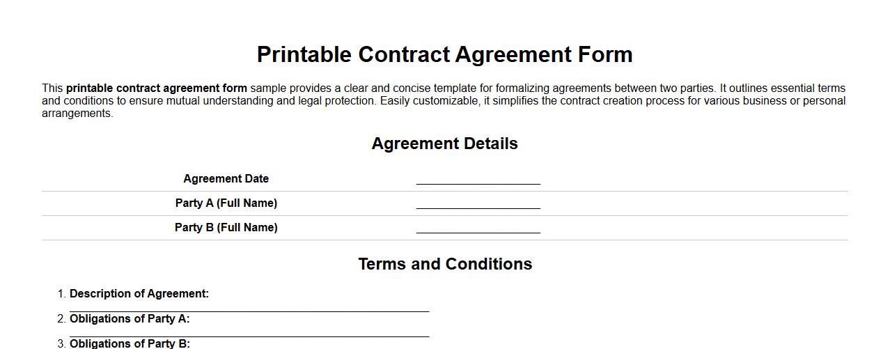 Printable contract agreement form sample between two parties image preview