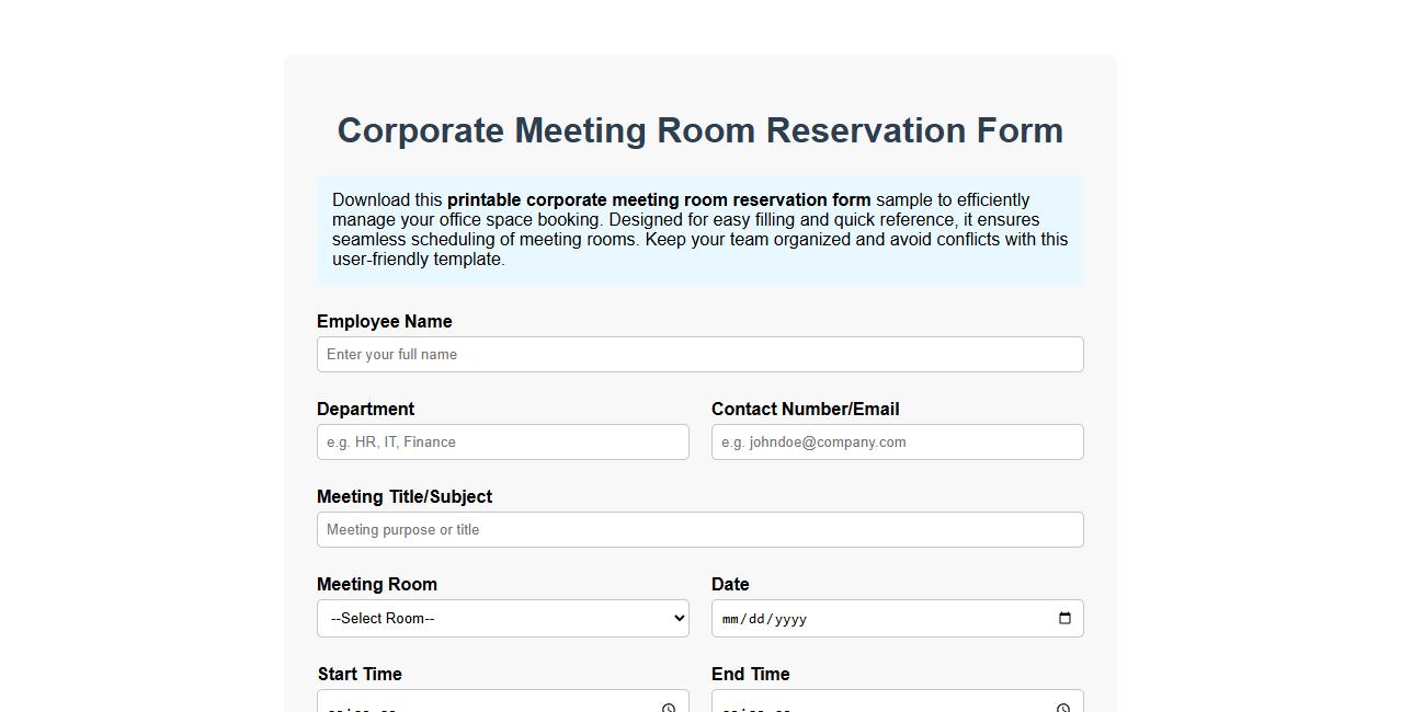 Printable corporate meeting room reservation form sample image preview
