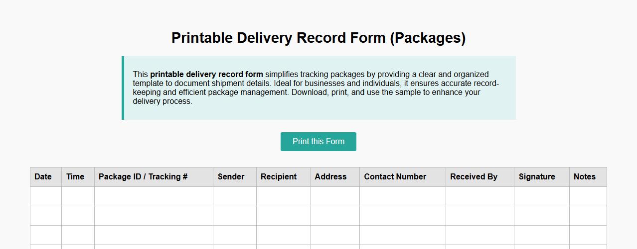 Printable delivery record form sample for packages image preview