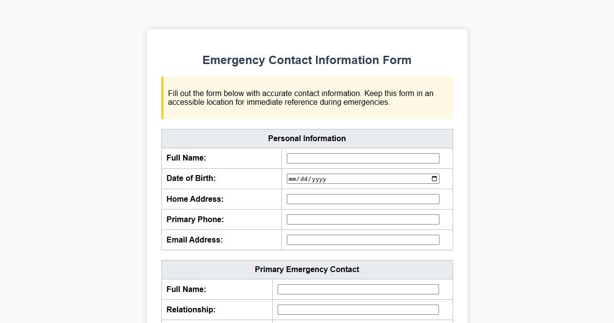 Printable emergency contact information form sample image preview