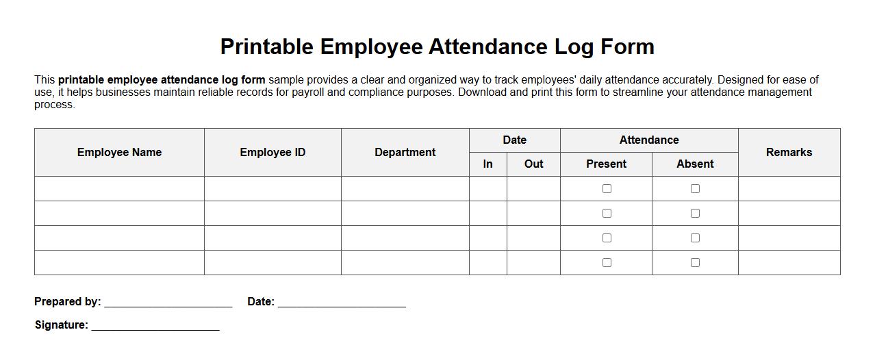 Printable employee attendance log form sample image preview