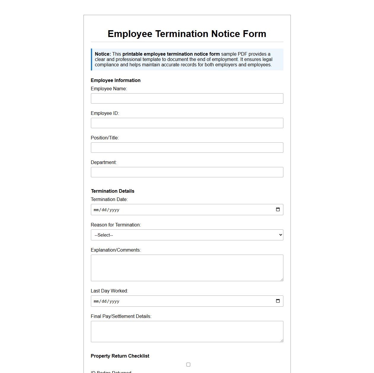 printable employee termination notice form sample PDF image preview