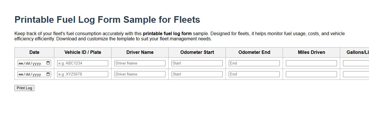 Printable fuel log form sample for fleets image preview