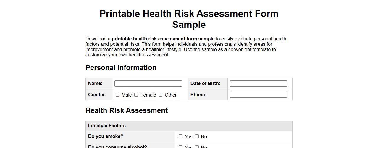 Printable health risk assessment form sample image preview