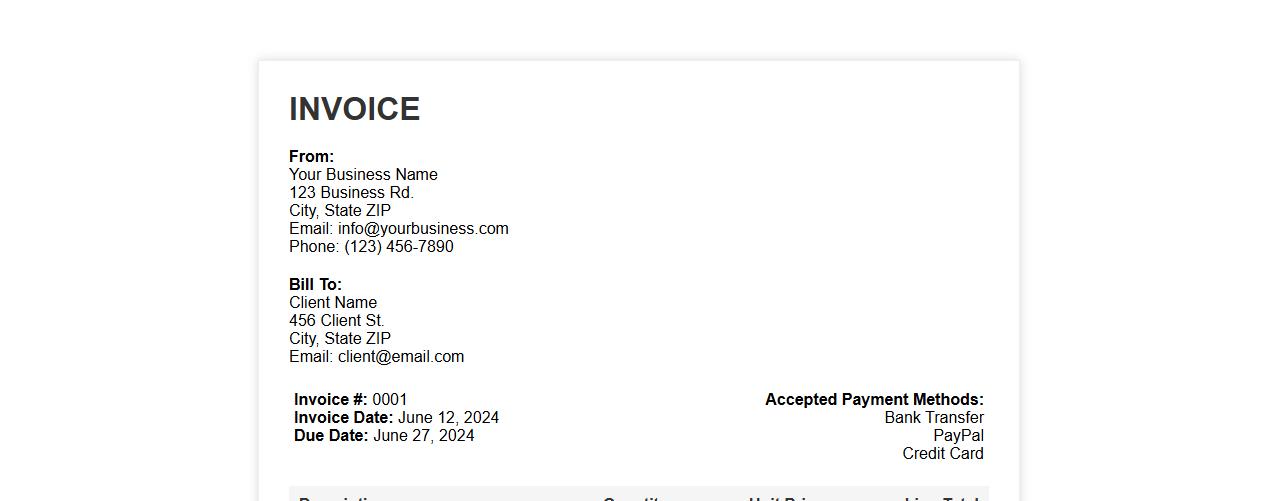 Printable invoice example including payment terms image preview