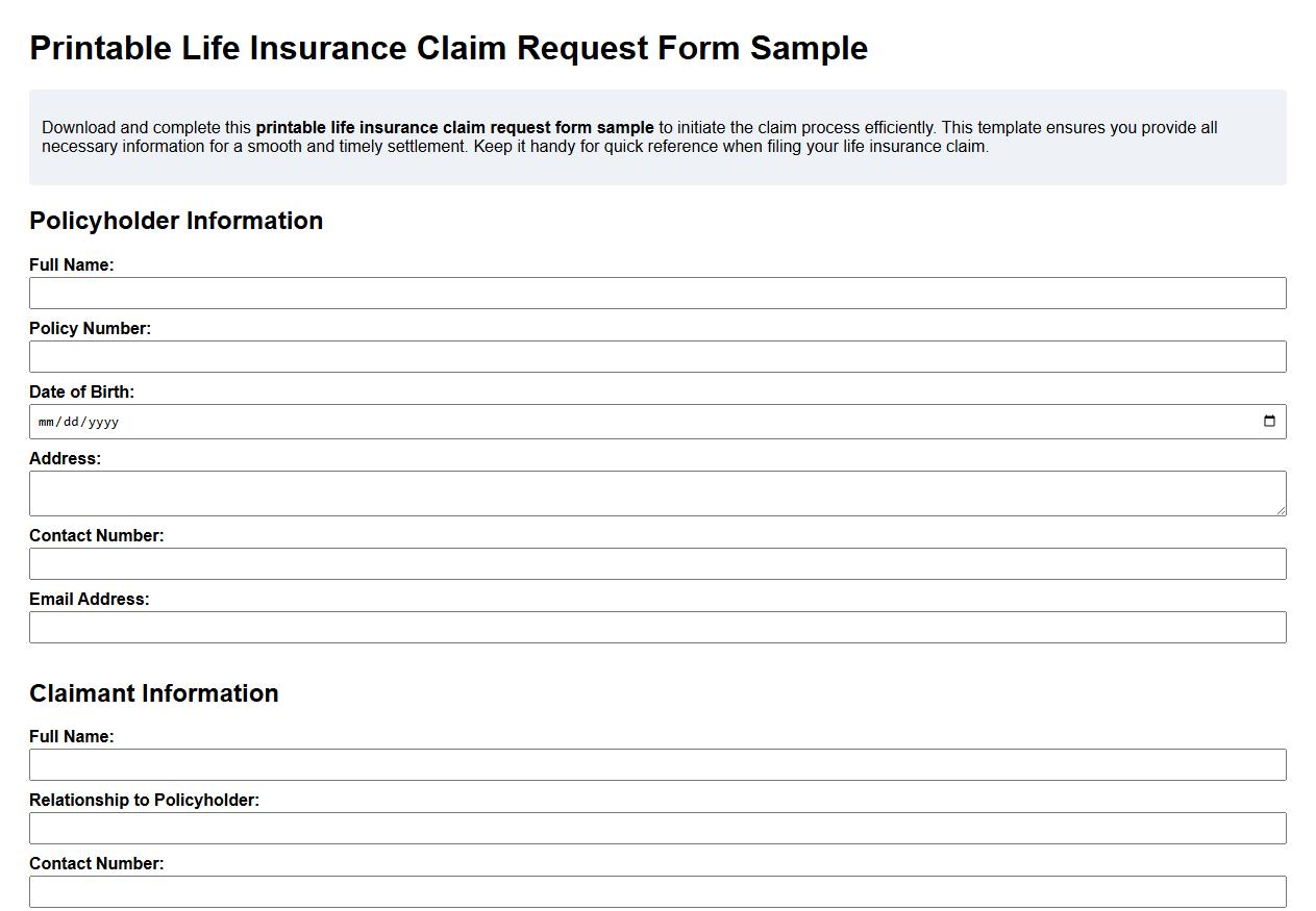 Printable life insurance claim request form sample image preview