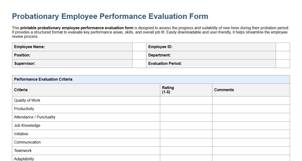Printable probationary employee performance evaluation form image preview