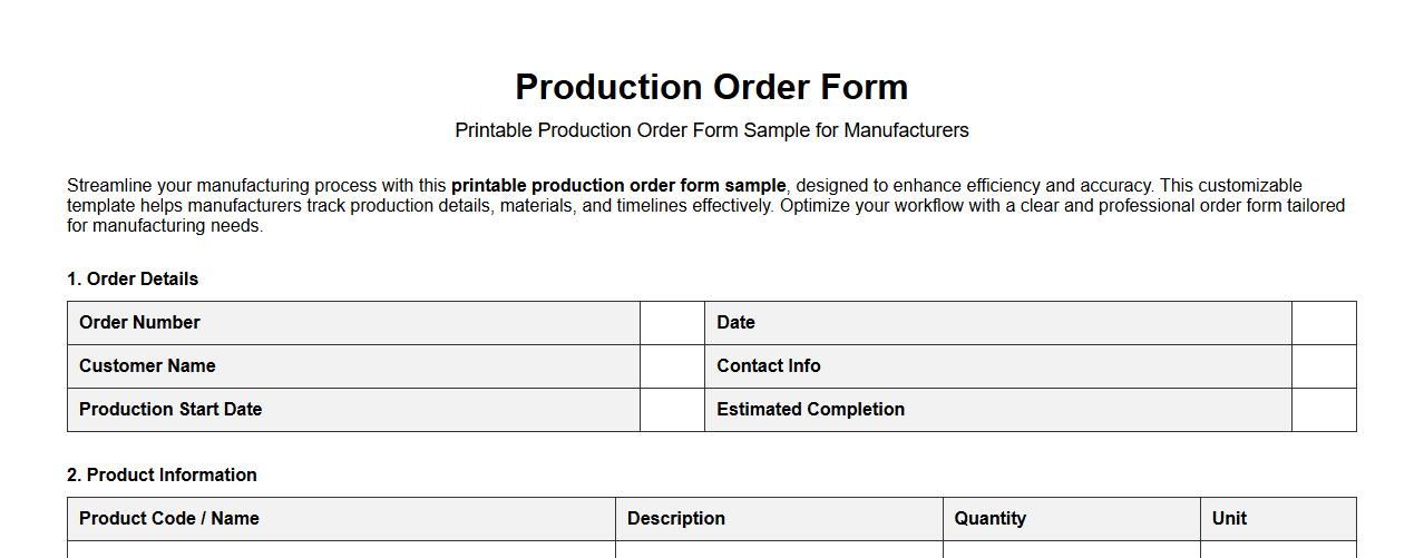printable production order form sample for manufacturers image preview