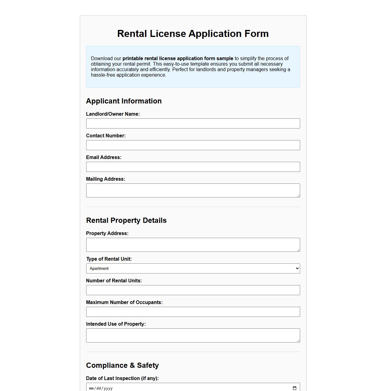 Printable rental license application form sample image preview
