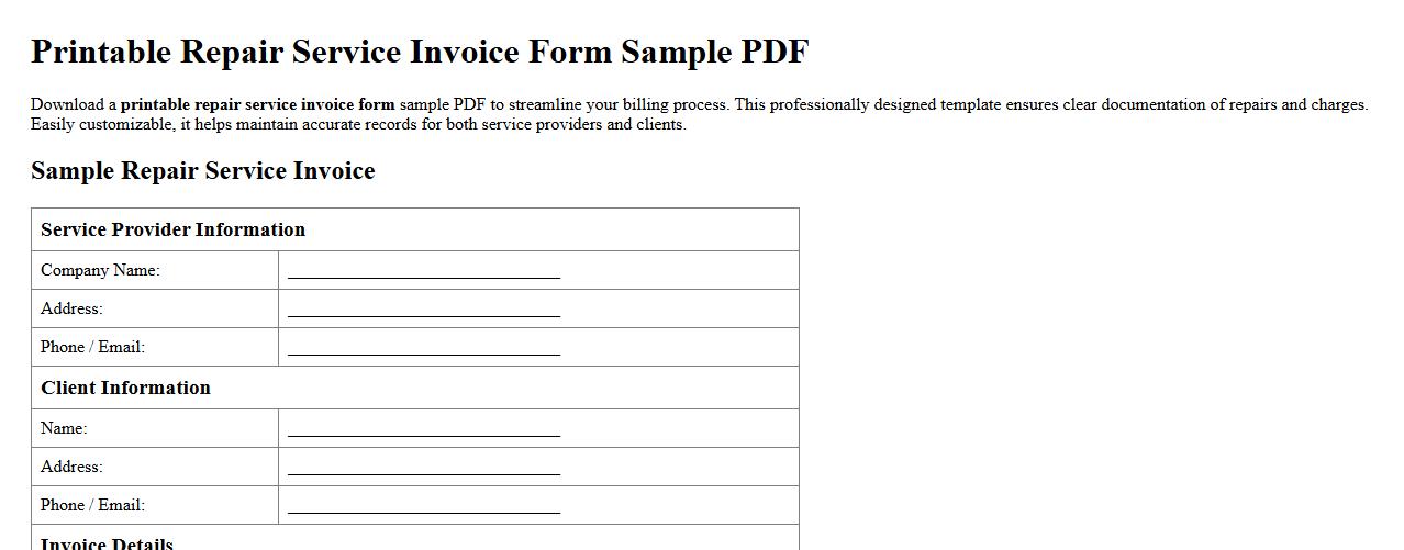 printable repair service invoice form sample PDF image preview