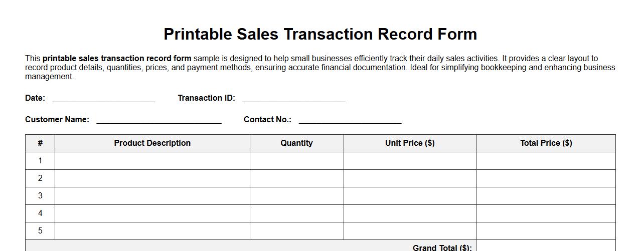 printable sales transaction record form sample for small business image preview
