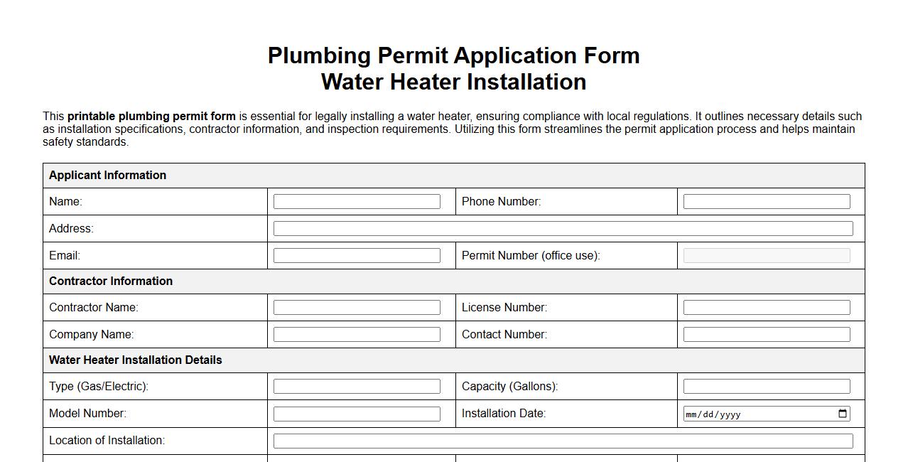 Printable sample plumbing permit form for water heater installation image preview