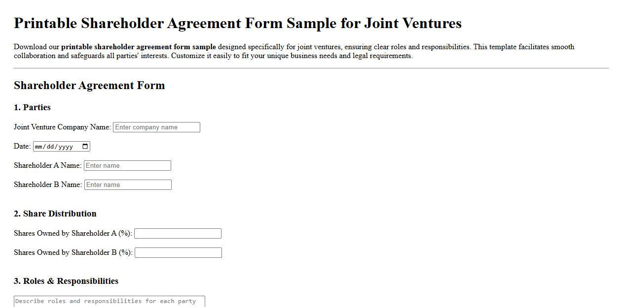 Printable shareholder agreement form sample for joint ventures image preview