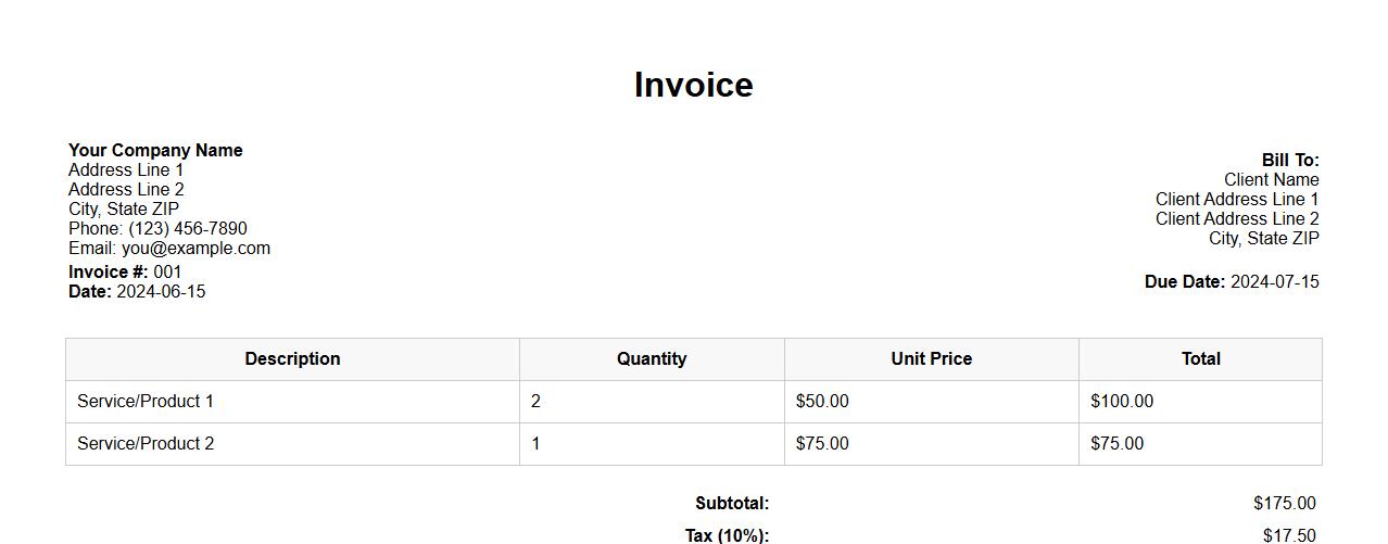 Printable simple invoice template in Word image preview