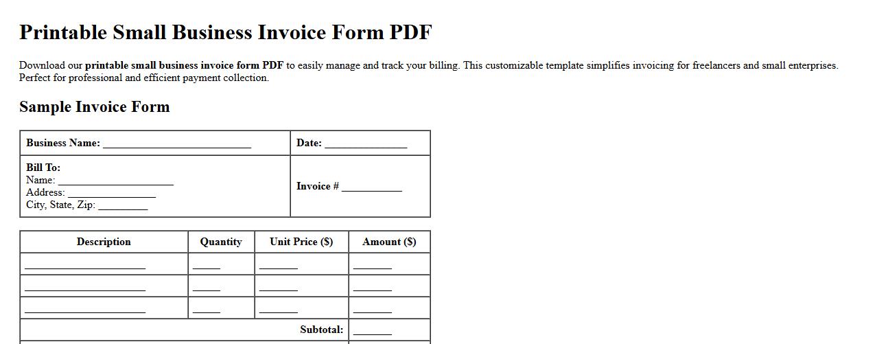 printable small business invoice form PDF image preview