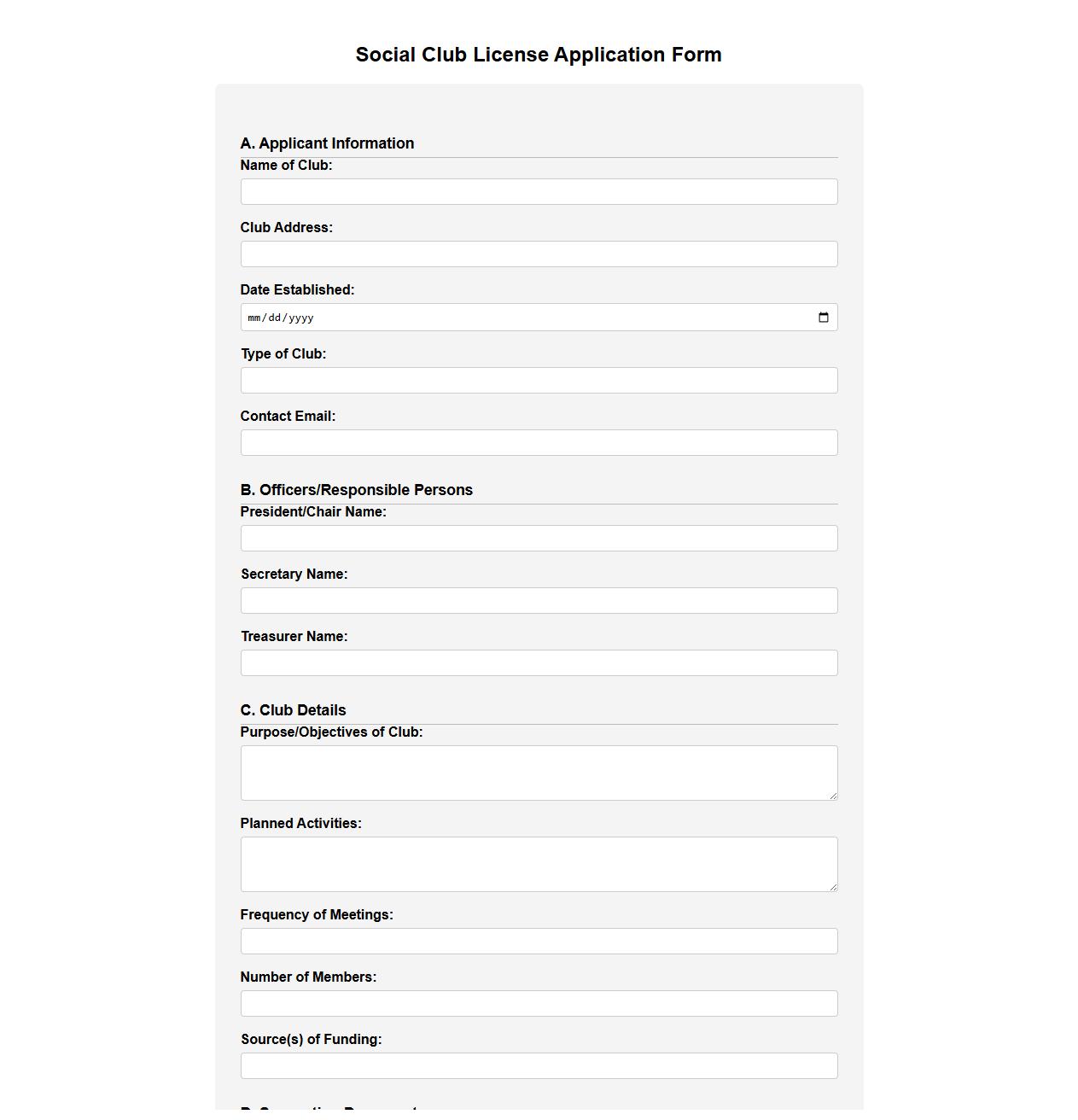 printable social club license application form sample image preview