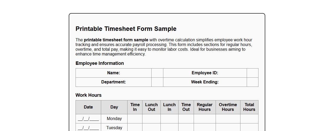 printable timesheet form sample with overtime calculation image preview