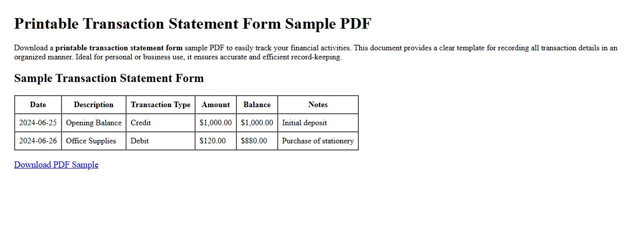 Printable transaction statement form sample PDF image preview