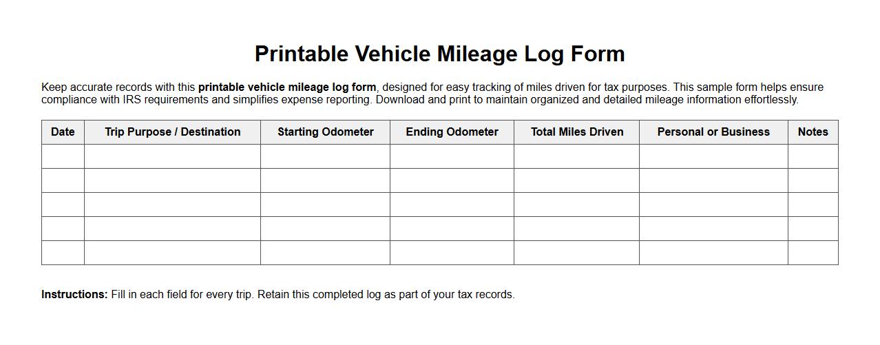 Printable vehicle mileage log form sample for tax purposes image preview