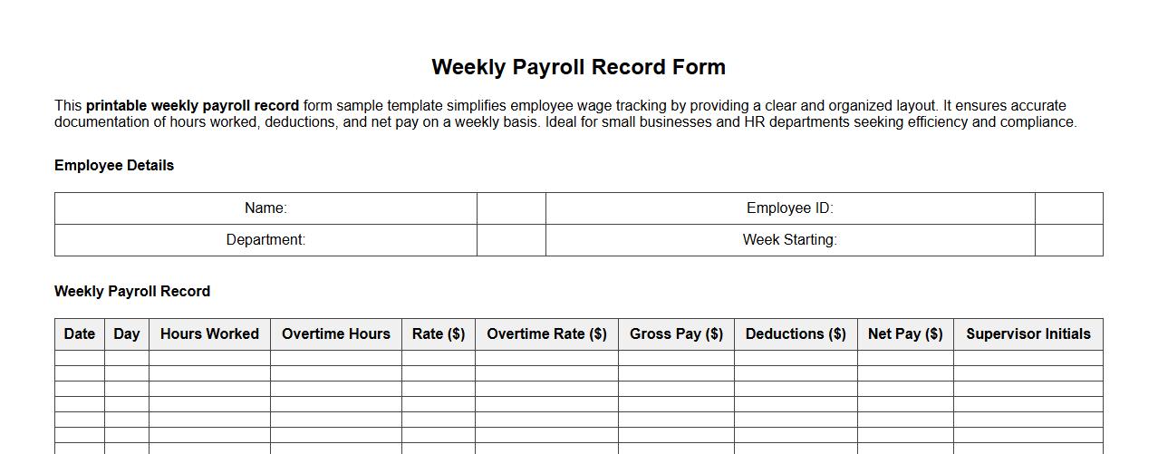 printable weekly payroll record form sample template image preview