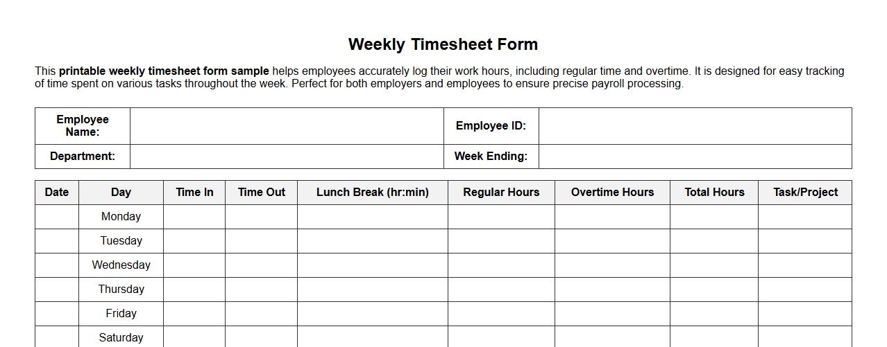printable weekly timesheet form sample with overtime image preview