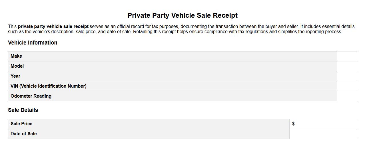 Private party vehicle sale receipt for tax purposes image preview
