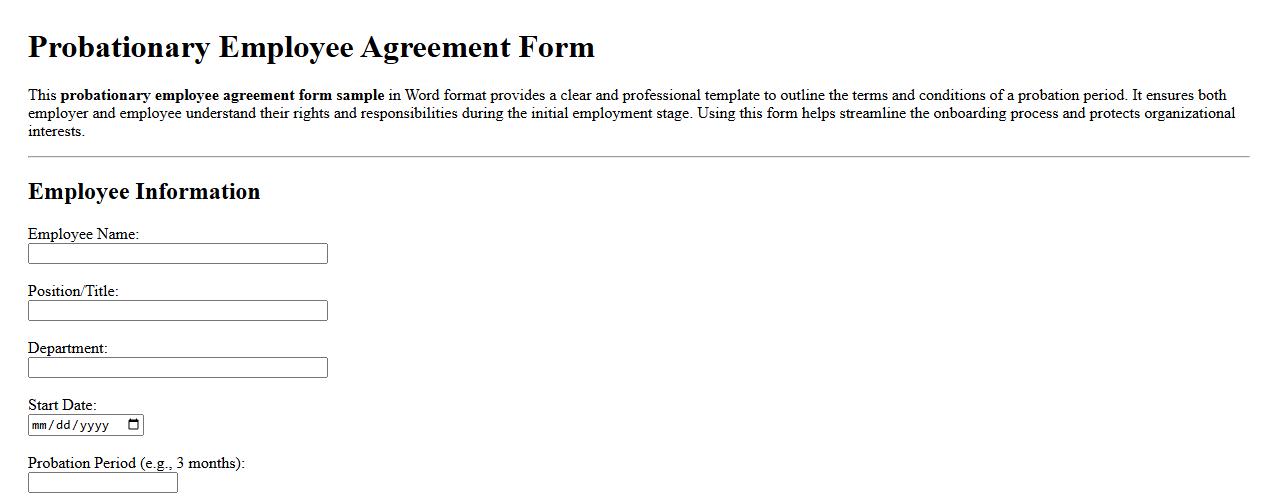 probationary employee agreement form sample word image preview