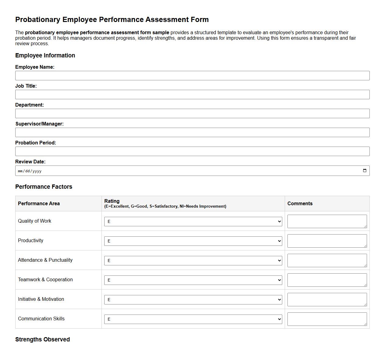 probationary employee performance assessment form sample image preview