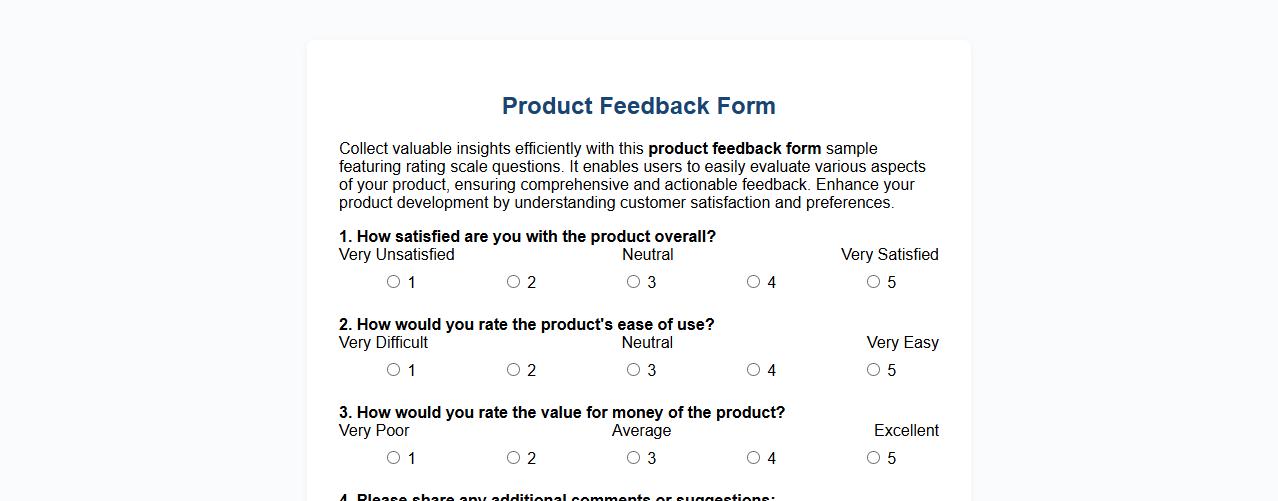Product feedback form sample with rating scale questions image preview