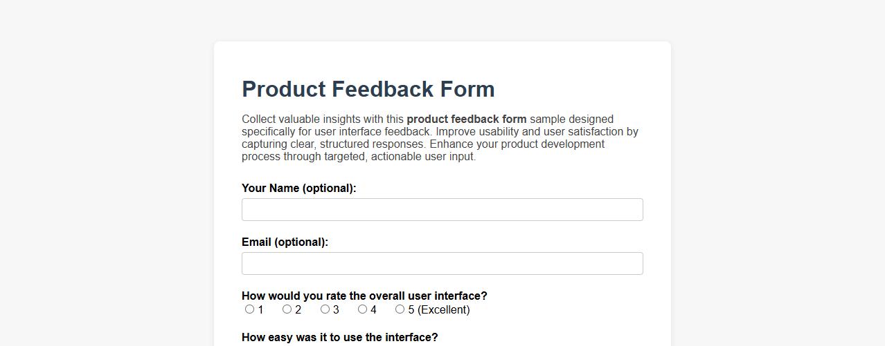 Product feedback form sample for user interface feedback image preview