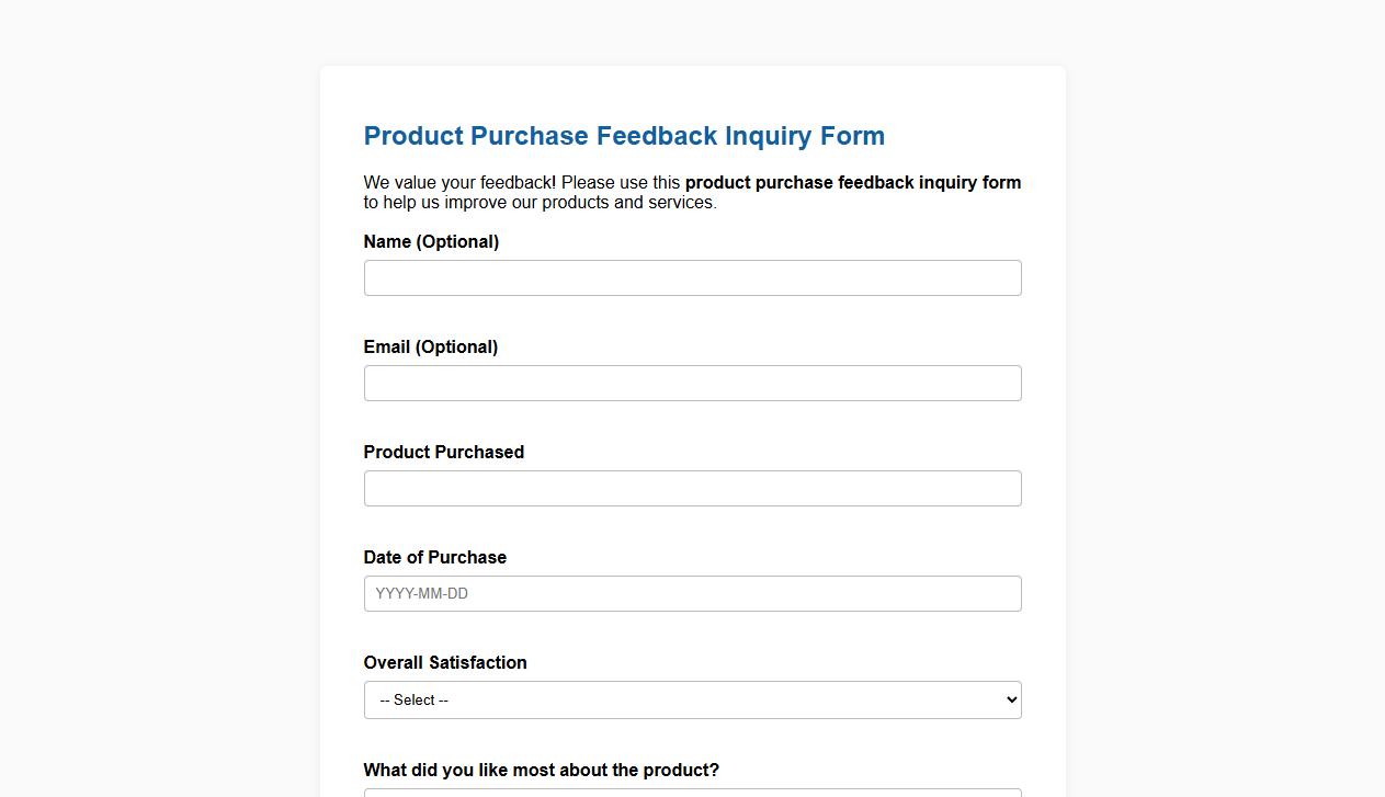 product purchase feedback inquiry form sample image preview
