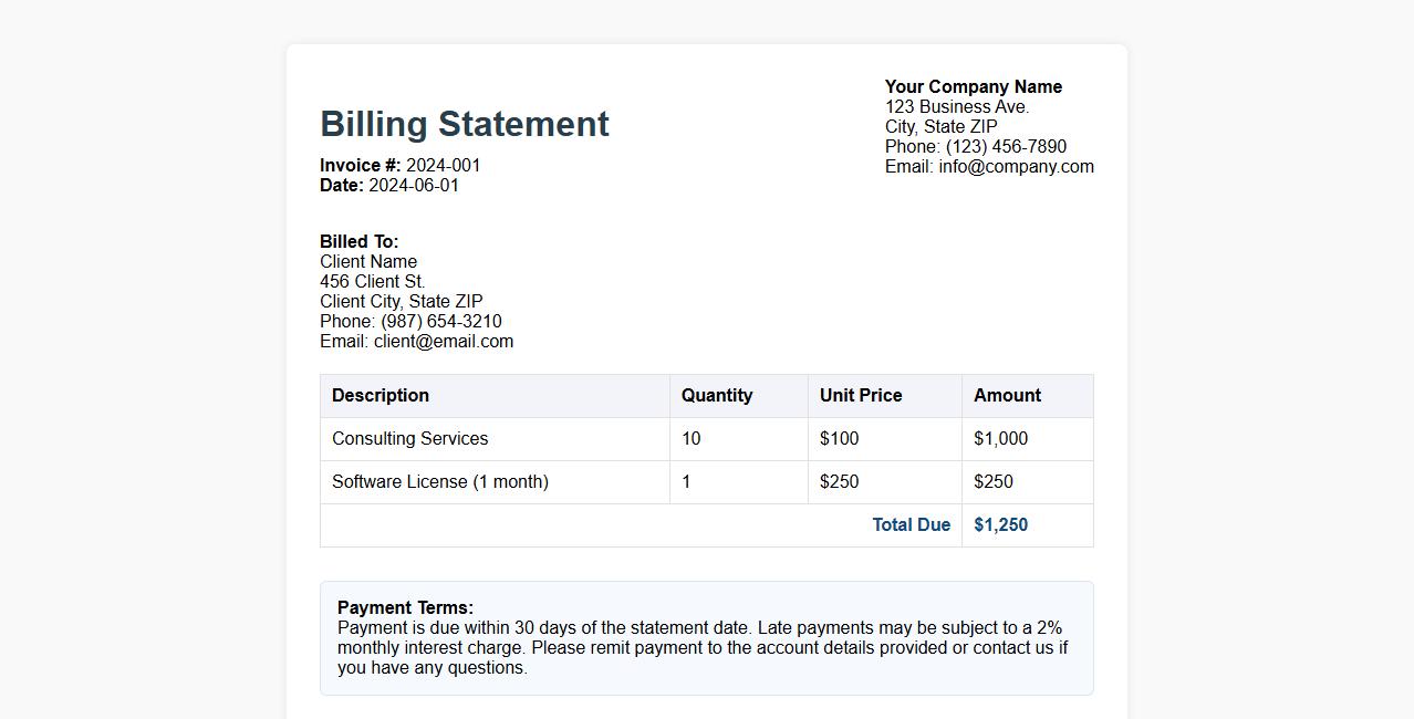 Professional billing statement template with payment terms image preview
