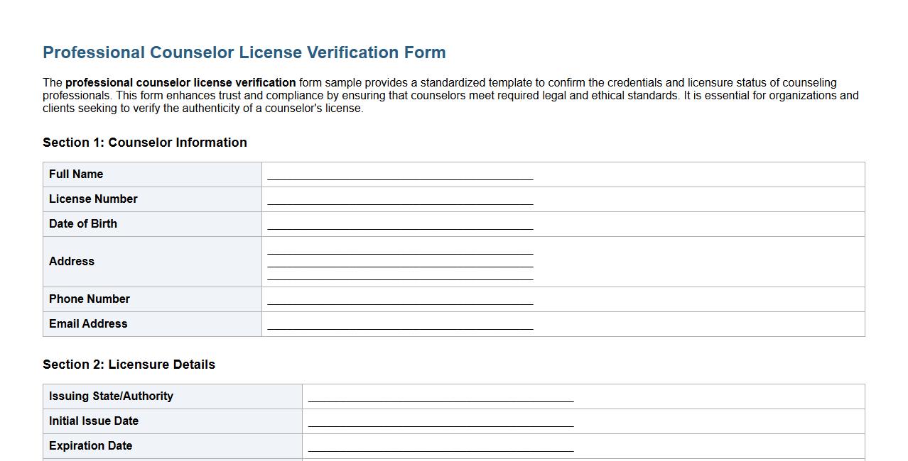 professional counselor license verification form sample image preview