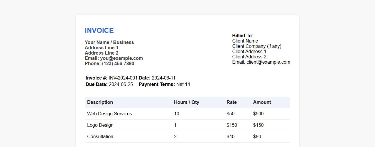 professional invoice template excel for freelancers image preview