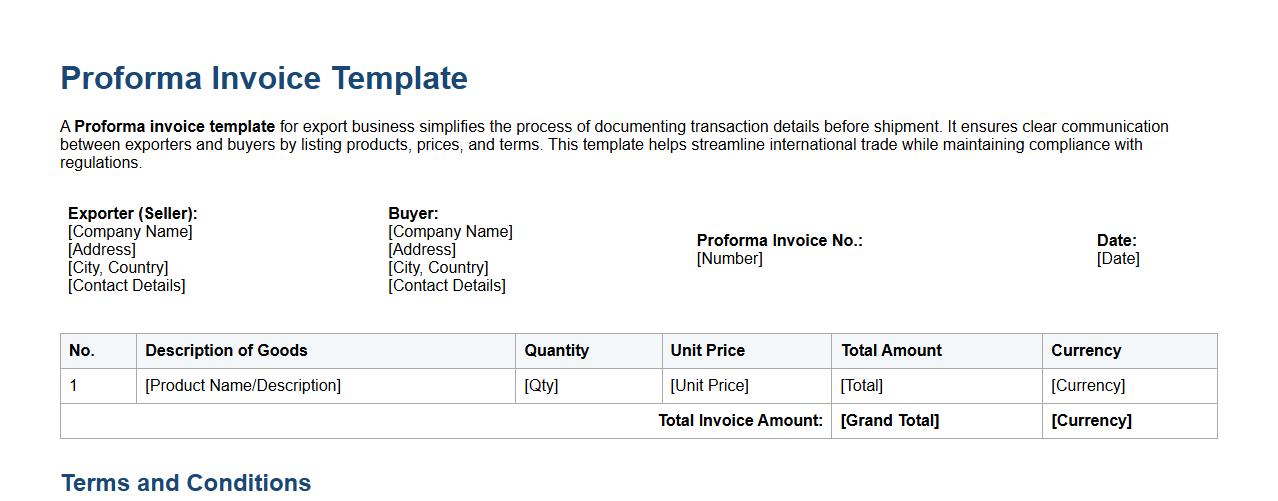 Proforma invoice template for export business image preview