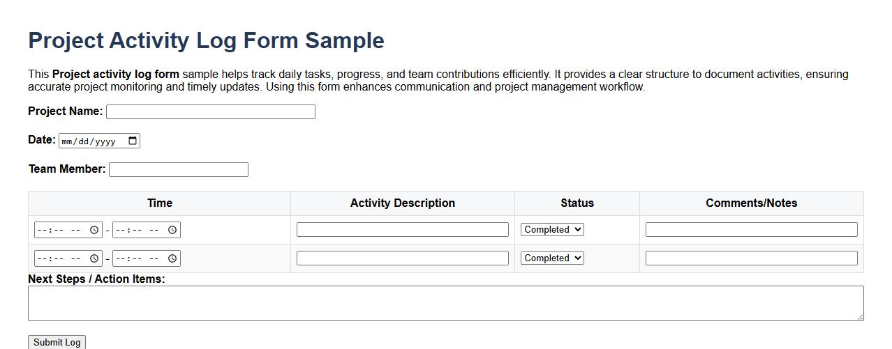 Project activity log form sample image preview