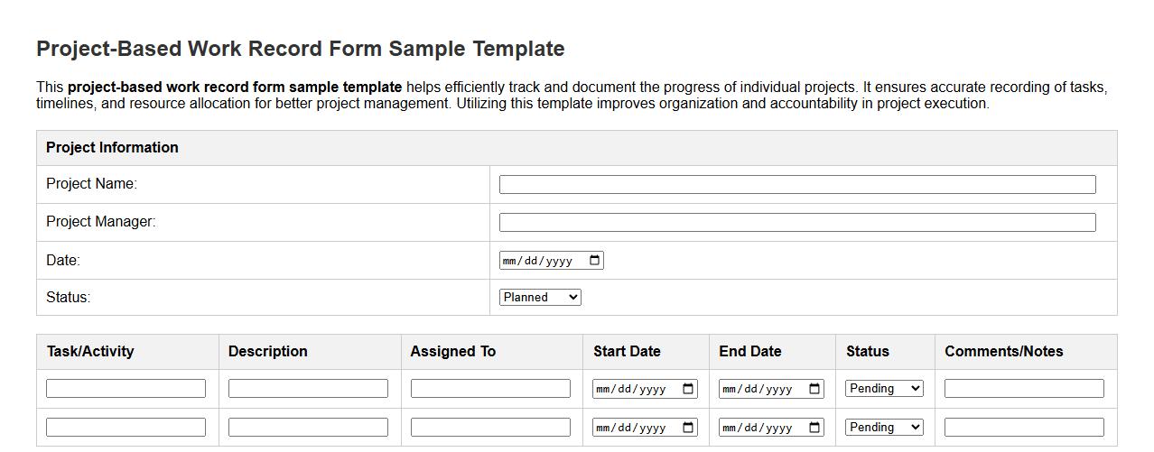 project-based work record form sample template image preview