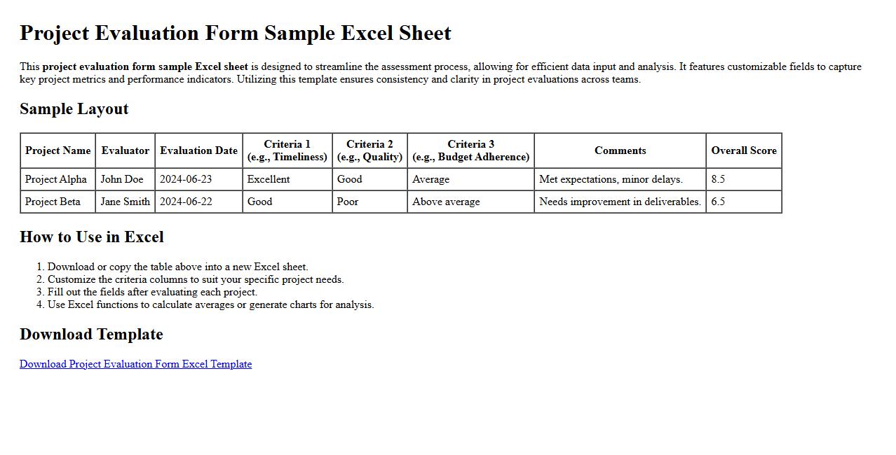 project evaluation form sample excel sheet image preview