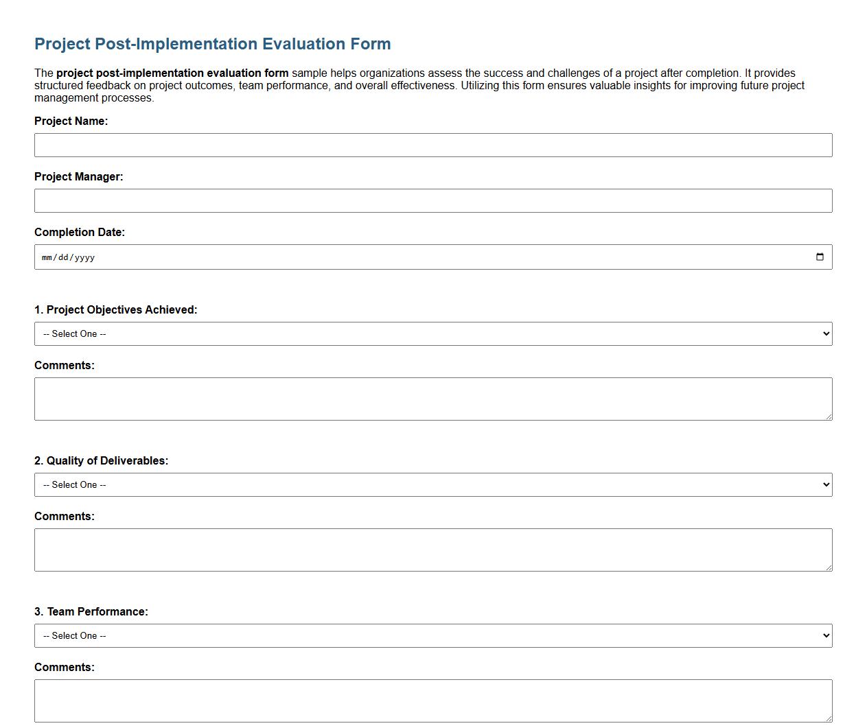 Project post-implementation evaluation form sample image preview