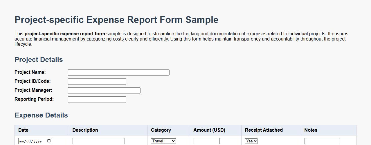 Project-specific expense report form sample image preview