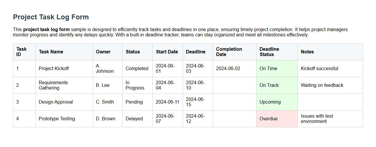 project task log form sample including deadline tracker image preview
