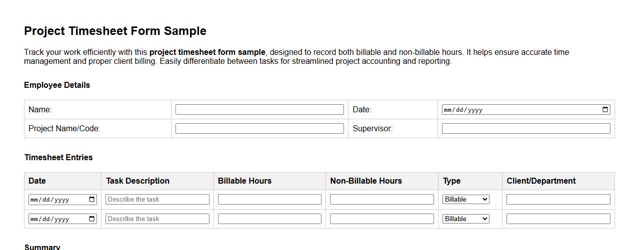 project timesheet form sample with billable and non-billable hours image preview